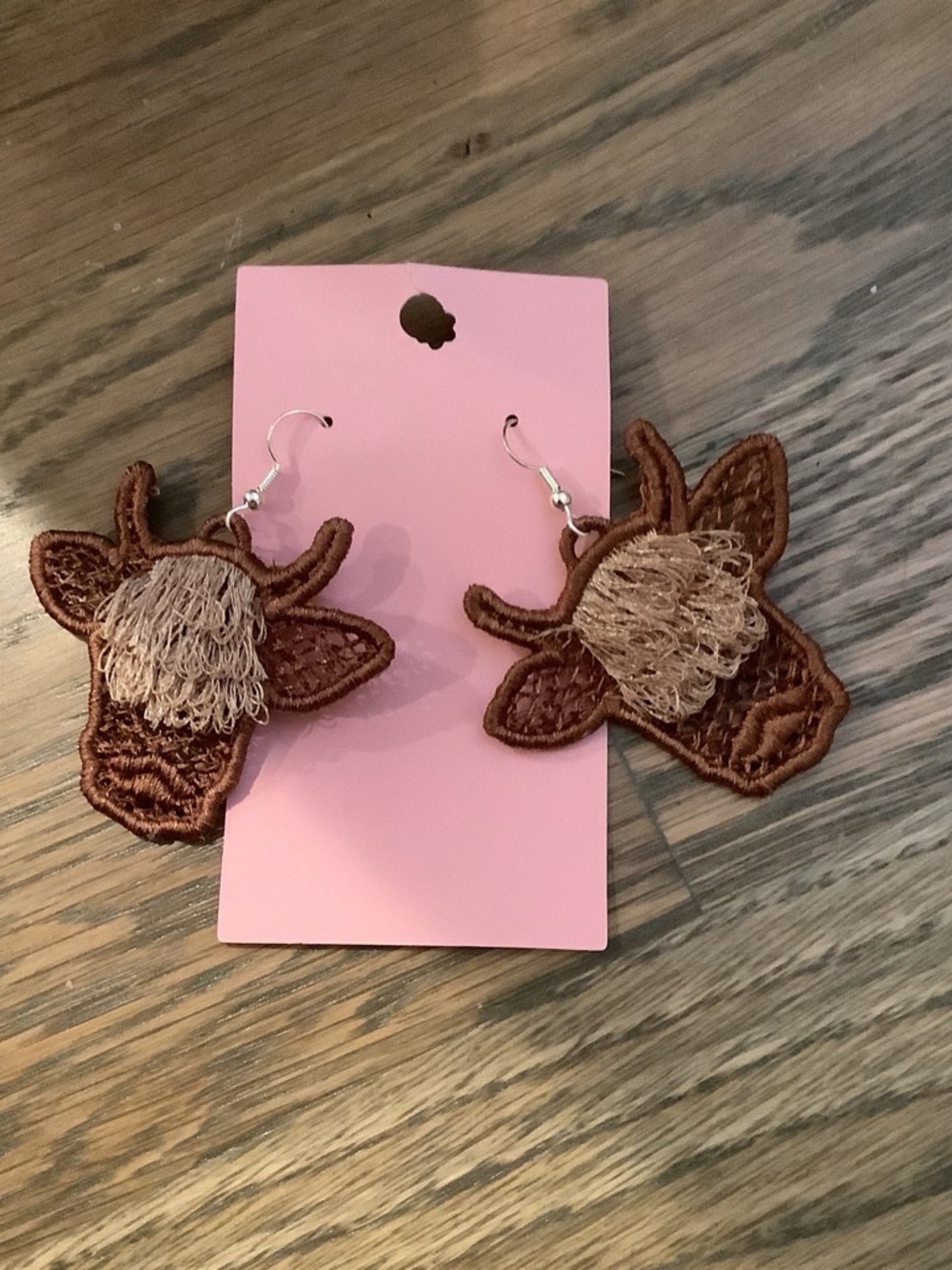 Stitches Brown and Beige Cow Embroidered Earrings, new with tags